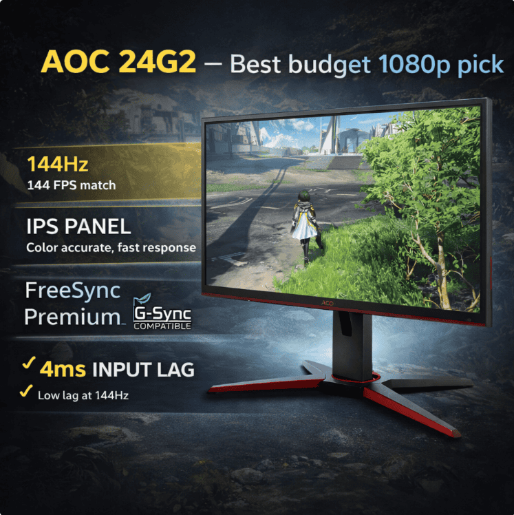 AOC 24G2 144Hz IPS gaming monitor displaying Arknights Endfield gameplay highlighting budget 1080p high refresh gaming