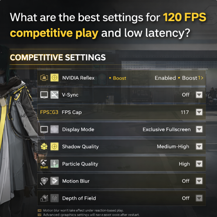 Arknights Endfield competitive graphics settings showing NVIDIA Reflex Boost, V-Sync off, and 120 FPS configuration for low latency