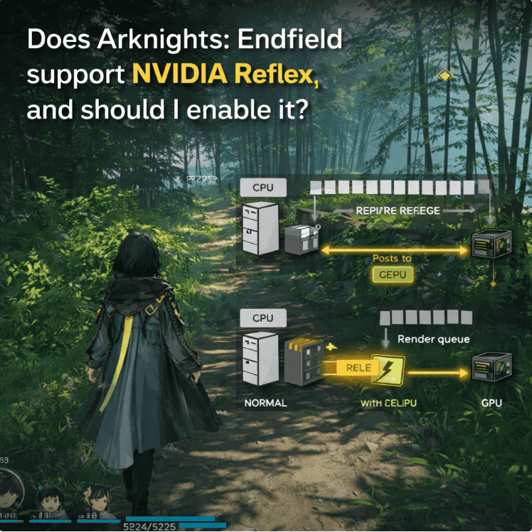 Arknights Endfield forest gameplay showing NVIDIA Reflex render queue diagram explaining CPU and GPU frame synchronization