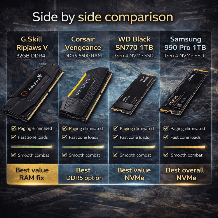 Side by side comparison of DDR4 RAM, DDR5 RAM, and NVMe SSD upgrades recommended to eliminate stutter in Arknights Endfield