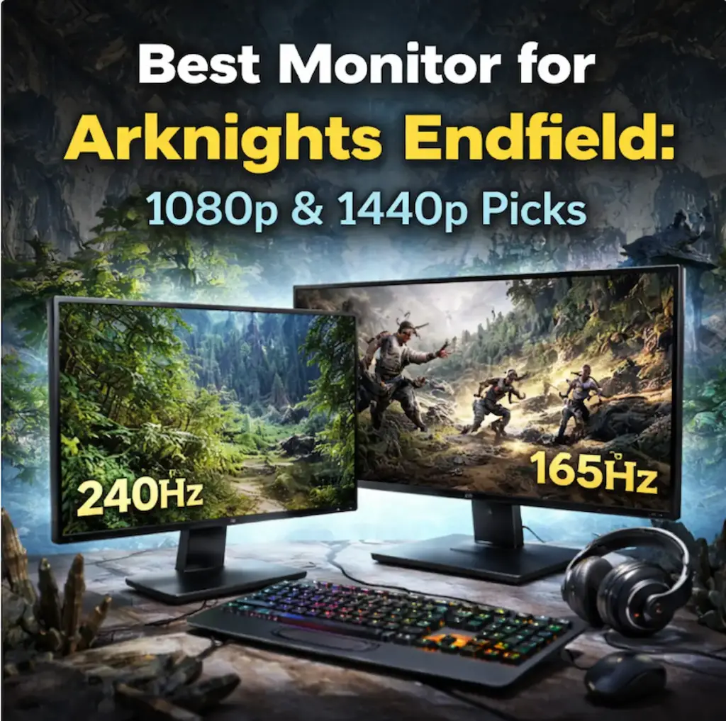 Dual gaming monitors showing Arknights Endfield gameplay representing 1080p and 1440p high refresh rate display picks