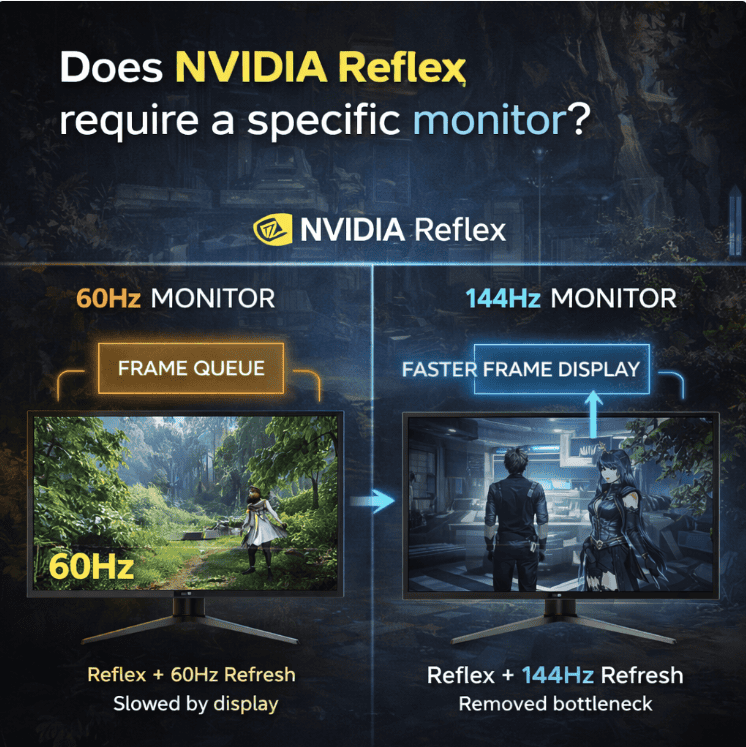 Diagram comparing NVIDIA Reflex latency behavior on 60Hz versus 144Hz monitors using Arknights Endfield gameplay