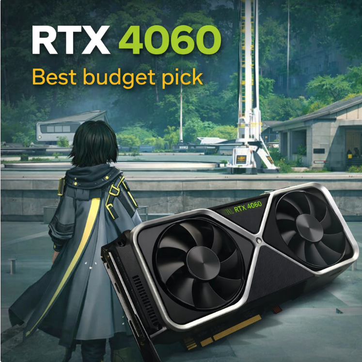 RTX 4060 graphics card with Arknights Endfield research facility environment representing the best budget GPU option
