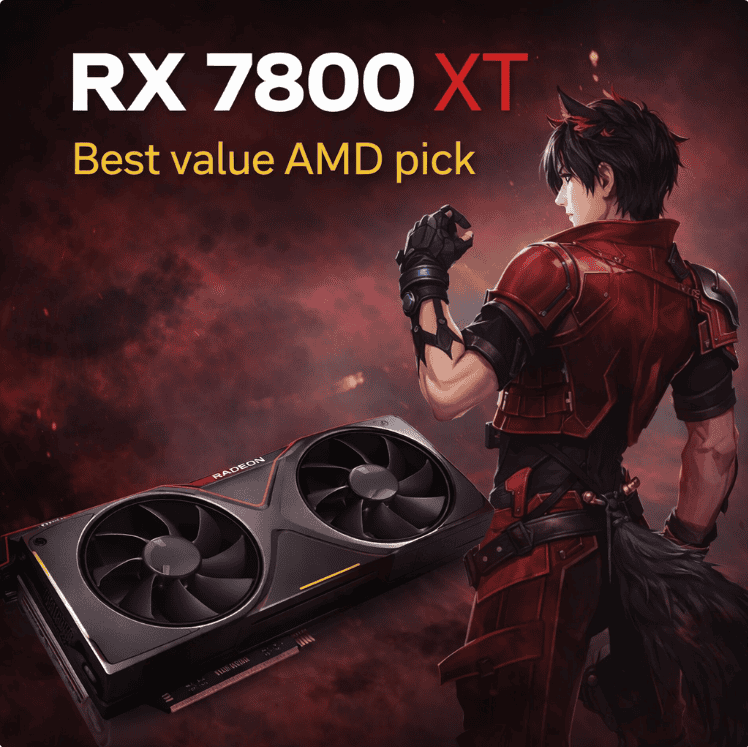 RX 7800 XT graphics card with Arknights Endfield character highlighting AMD value GPU for 1440p gaming
