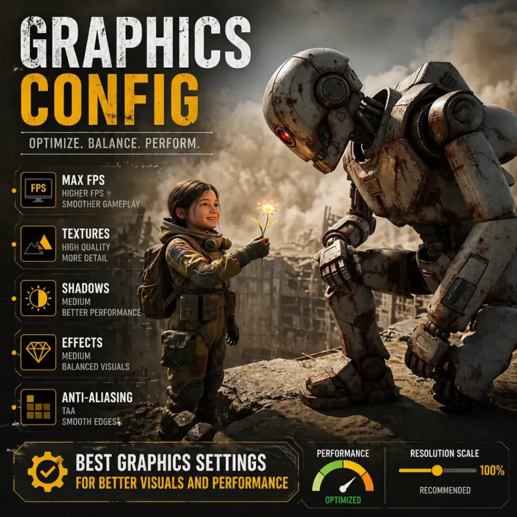 Best graphics config settings for PC gaming, featuring a post-apocalyptic robot and child scene to illustrate optimized visuals, smoother FPS, and balanced performance