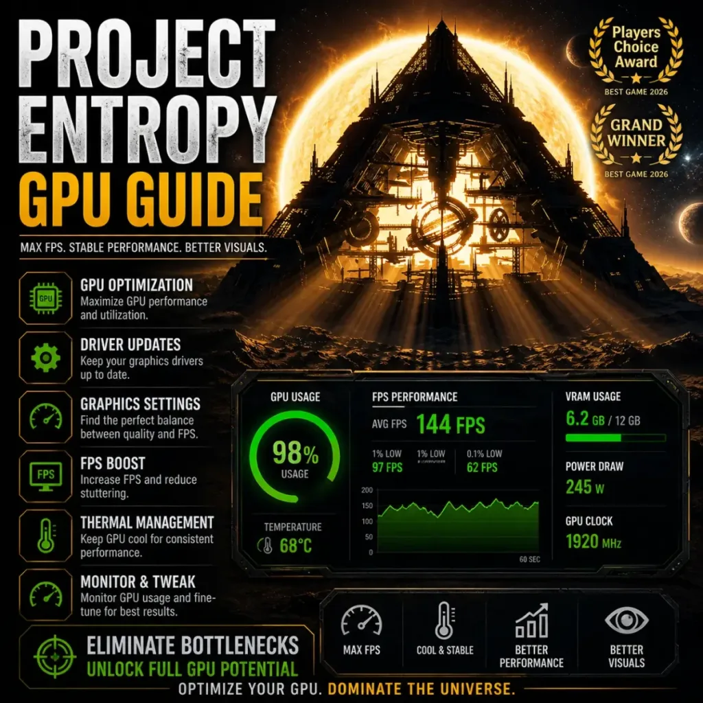Project Entropy GPU guide thumbnail showing a futuristic space structure with performance metrics for GPU optimization, higher FPS, stable performance, and better visuals on PC.