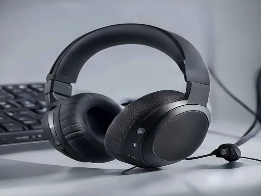 Black gaming headset with boom microphone resting on a desk stand