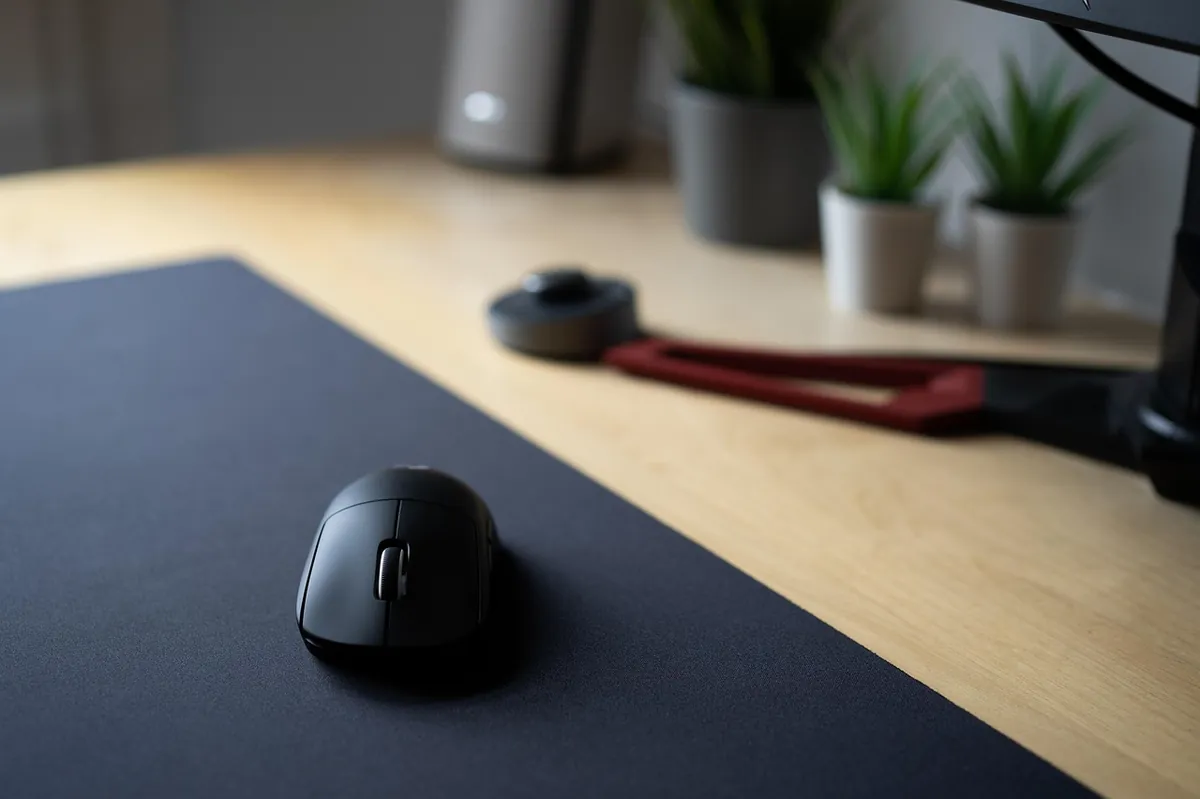 Gaming mouse on a desk mat next to a mechanical keyboard