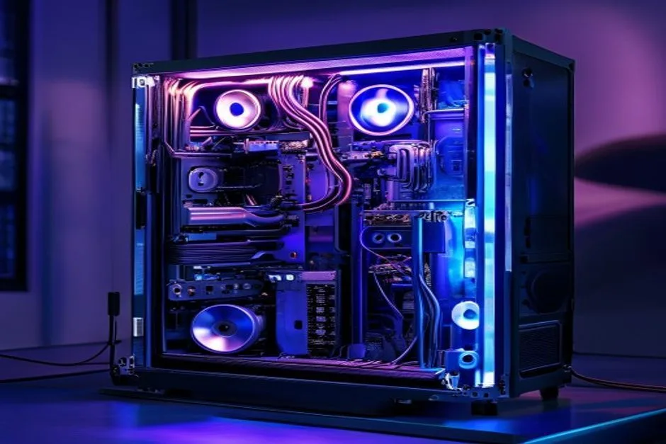 Open gaming PC case showing GPU and CPU cooler with blue RGB lighting