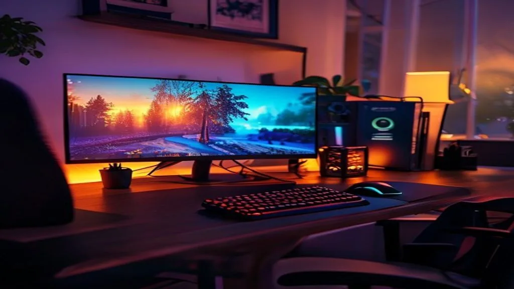 PC gaming desk setup with curved monitor and warm ambient lighting