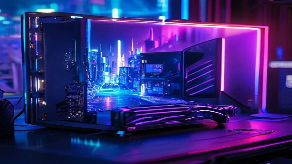 High-end GPU graphics card rendering Cyberpunk-style futuristic city with ray tracing lighting effects