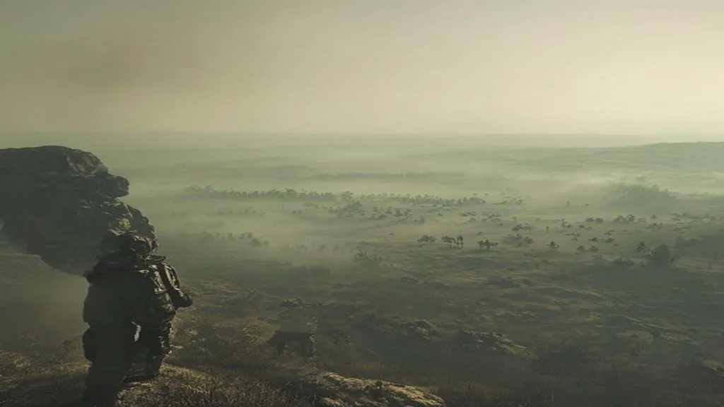 Tactical FPS game scene showing clear enemy visibility with optimized settings in an open battlefield