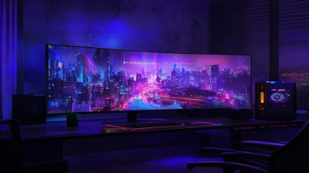 Cyberpunk 2077 gaming PC showing performance monitoring overlay in a dark neon-lit gaming room