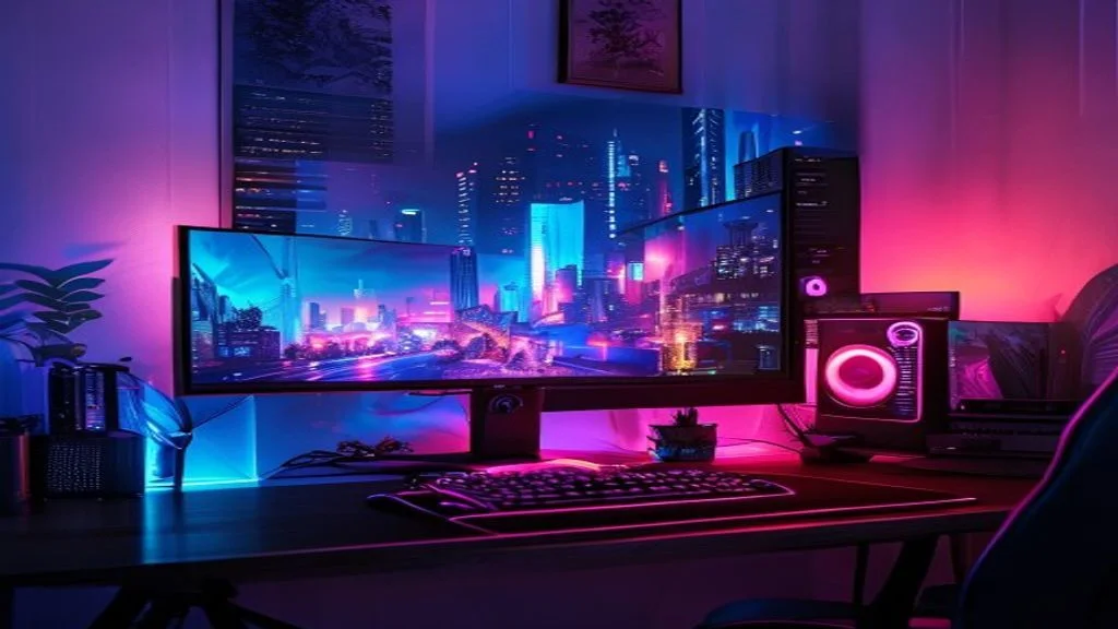 Budget PC gaming setup running Cyberpunk 2077 at low settings showing Night City neon atmosphere