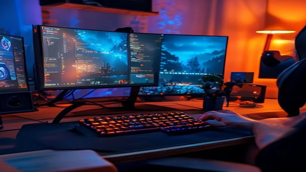Gamer at a gaming PC with FPS counter and performance monitoring overlay showing optimized frame rate