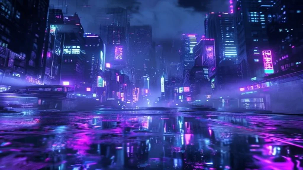 Futuristic neon-lit cyberpunk city at night with purple and cyan lighting and wet streets