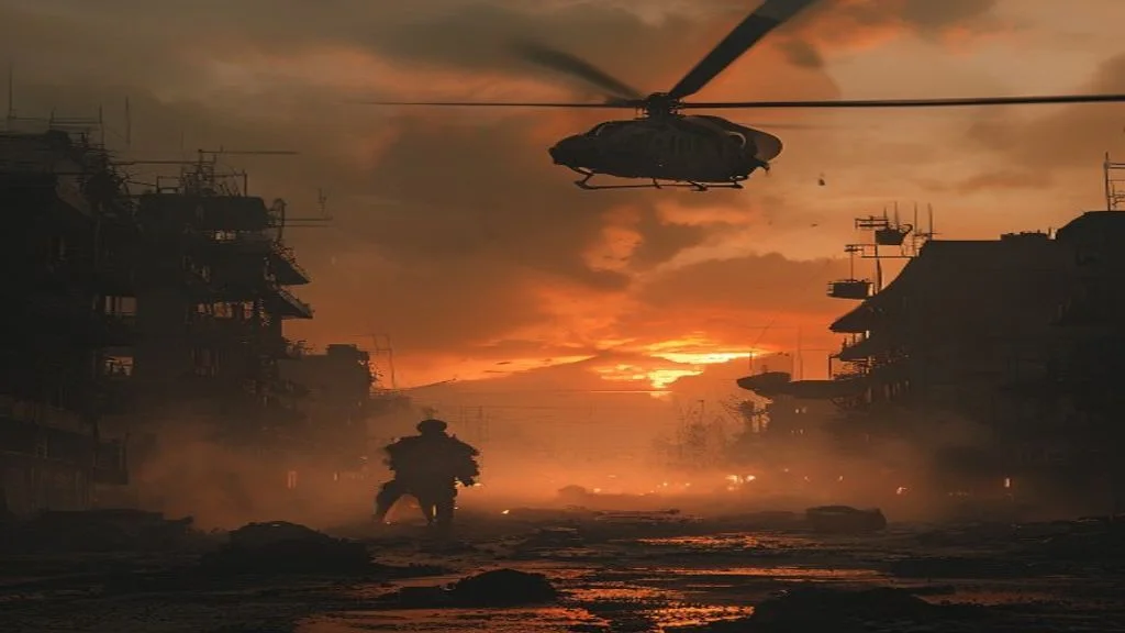 Military tactical urban battlefield scene at dusk with helicopter silhouette and dramatic lighting