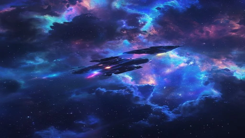Deep space scene with a spacecraft silhouetted against colorful nebula and star systems