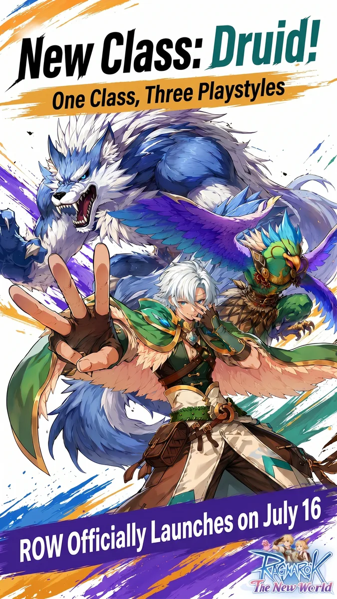 Ragnarok: The New World Druid vertical banner: one class, three playstyles