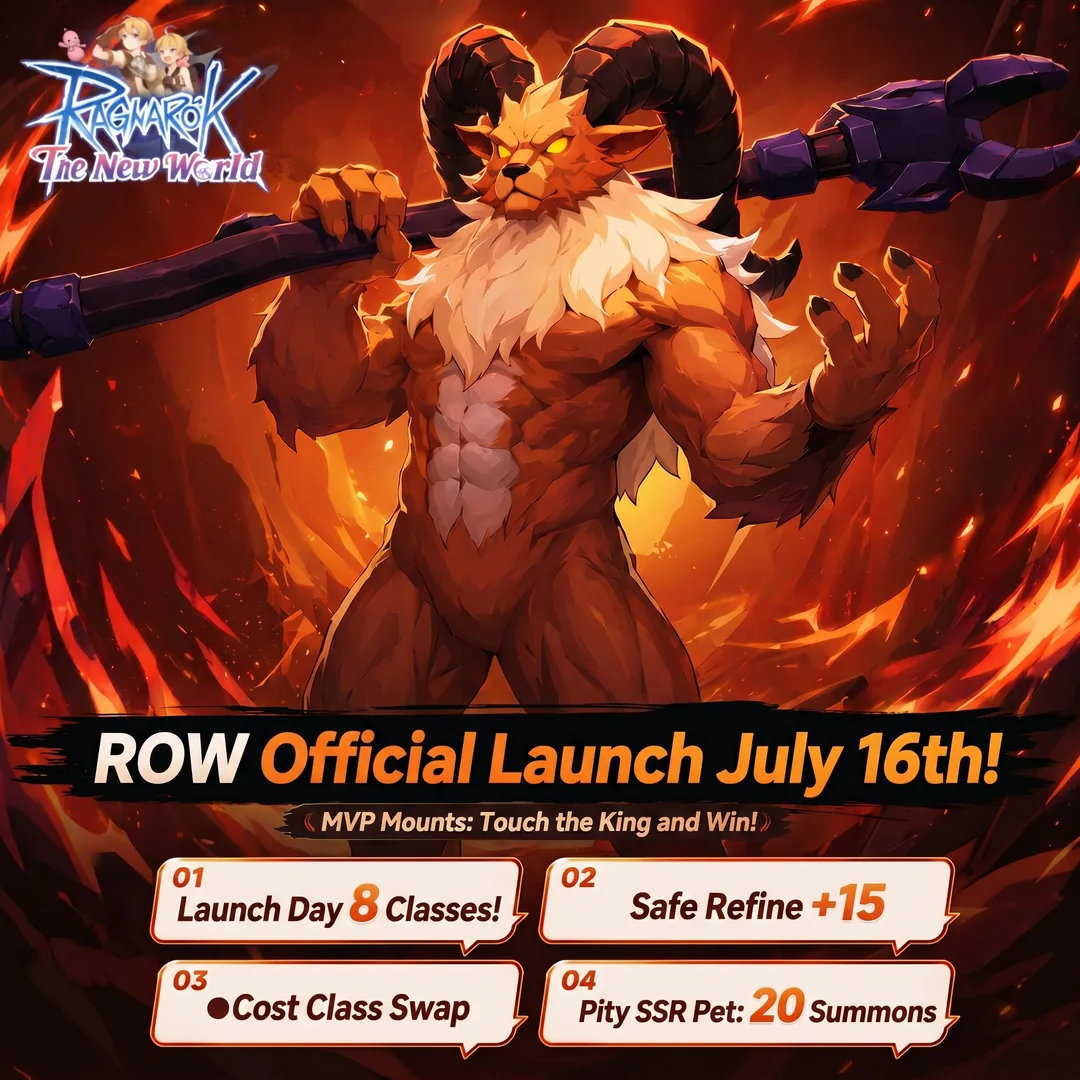 Ragnarok: The New World Baphomet MVP boss artwork with the launch feature list