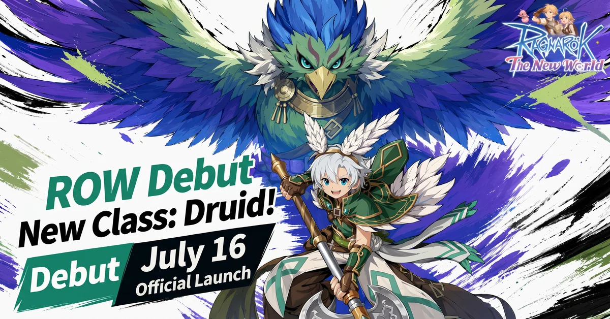 Ragnarok: The New World Druid debut artwork with the Druid and a giant bird form