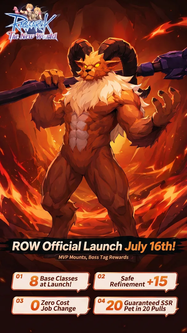 Ragnarok: The New World vertical banner showing the Baphomet MVP boss
