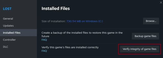 Steam Installed Files menu with Verify integrity of game files highlighted